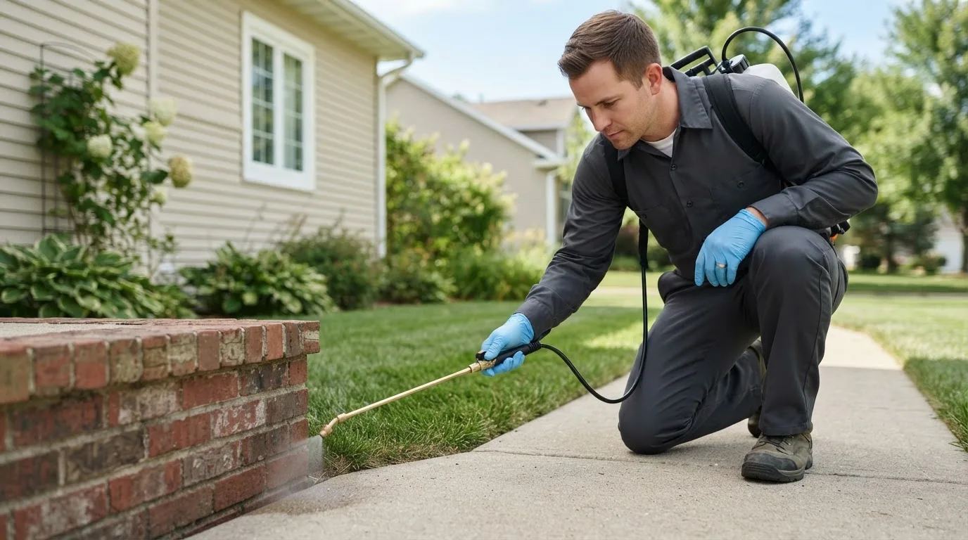 Pest control technician treating a home near Thorndike, ME